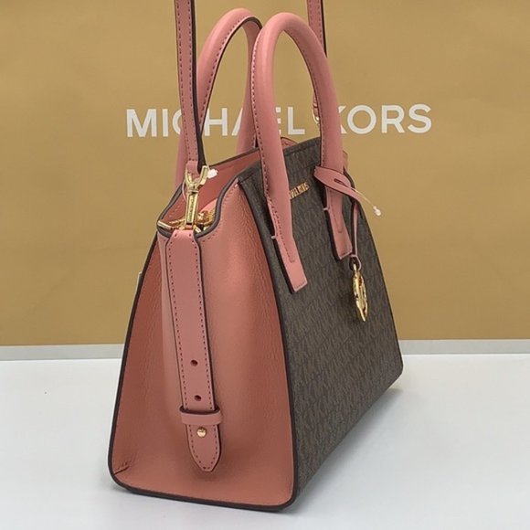 Michael Kors Avril Small Top Zip Satchel Brown + Sunset Rose Pink